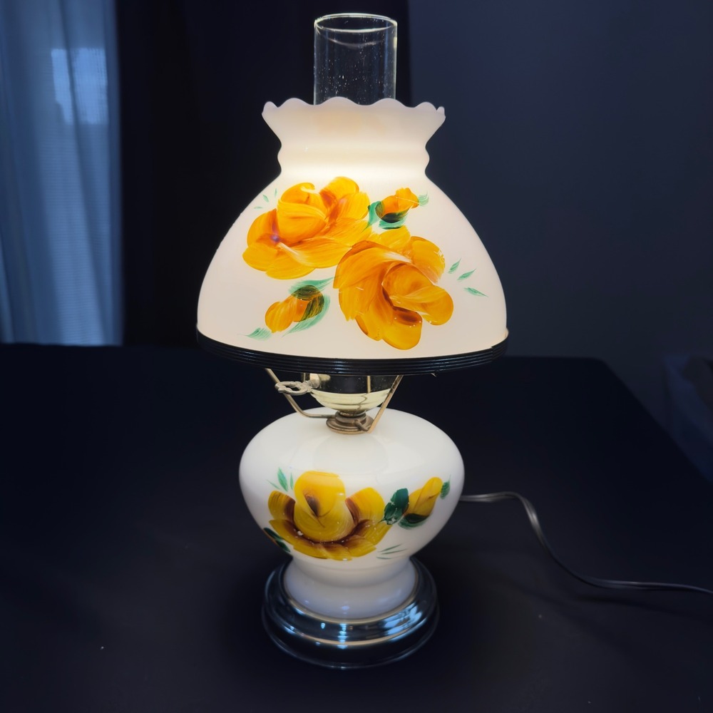 Vintage Hurricane Lamp Milk Glass Yellow Rose Hand Painted Floral Table Light